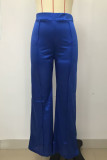 Blue Casual Solid Patchwork Regular Mid Waist Straight Solid Color Bottoms