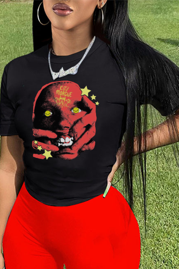 Black Casual Vintage Print Patchwork O Neck T-Shirts
