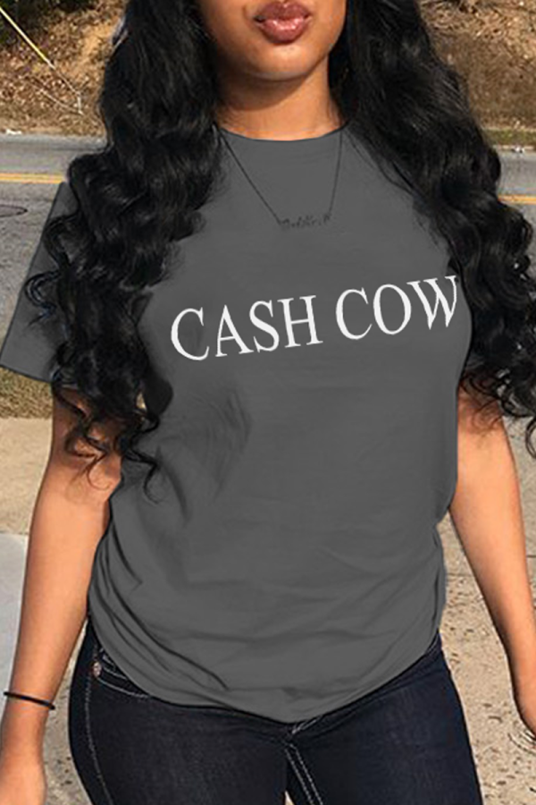 Dark Gray Street Daily Print Patchwork O Neck T-Shirts