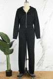 Black Casual Solid Basic Hooded Collar Long Sleeve Two Pieces