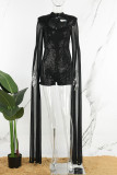Black Sexy Patchwork Hollowed Out Sequins Half A Turtleneck Skinny Romper