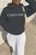 Dark Gray Casual Daily Print Draw String Letter Hooded Collar Tops