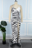 Black Sexy Casual Print Backless Slit Spaghetti Strap Long Dress Dresses