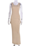 Khaki Street Solid Patchwork Pocket U Neck Long Dress Dresses