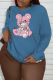 Gray Blue Casual Cute Print Patchwork O Neck Tops