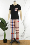 Black Casual Striped Patchwork O Neck Short Sleeve Two Pieces