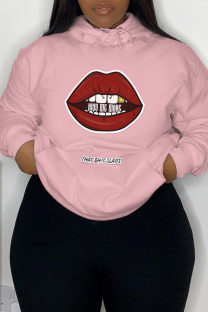 Pink Daily Lips Printed Draw String Hooded Collar Tops
