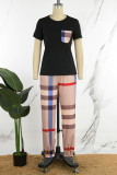 Black Casual Striped Patchwork O Neck Short Sleeve Two Pieces