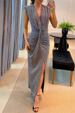 Yellow Casual Solid Slit V Neck Long Dress Dresses