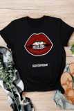 Black Street Daily Lips Printed Letter O Neck T-Shirts