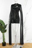 Black Sexy Patchwork Hollowed Out Sequins Half A Turtleneck Skinny Romper