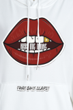 White Daily Lips Printed Draw String Hooded Collar Tops