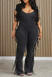 Orange Street Solid Tassel Patchwork U Neck Regular Jumpsuits
