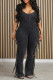 Black Street Solid Tassel Patchwork U Neck Regular Jumpsuits
