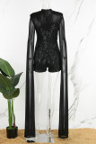 Black Sexy Patchwork Hollowed Out Sequins Half A Turtleneck Skinny Romper