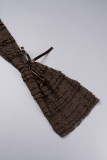 Dark Brown Casual Solid Patchwork Square Collar Long Sleeve Dresses