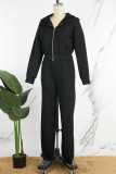 Black Casual Solid Basic Hooded Collar Long Sleeve Two Pieces