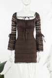 Dark Brown Casual Solid Patchwork Square Collar Long Sleeve Dresses