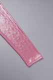 Pink Sexy Patchwork Hot Drilling See-through Half A Turtleneck Wrapped Skirt Dresses