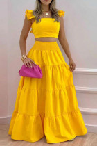 Yellow Elegant Solid Patchwork Boat Neck Sleeveless Two Pieces