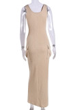 Khaki Street Solid Patchwork Pocket U Neck Long Dress Dresses