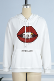 Dark Gray Daily Lips Printed Draw String Hooded Collar Tops