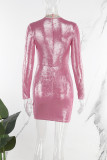 Pink Sexy Patchwork Hot Drilling See-through Half A Turtleneck Wrapped Skirt Dresses