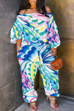 Blue Yellow Casual Print Basic Off the Shoulder Regular Jumpsuits
