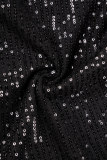 Black Sexy Patchwork Hollowed Out Sequins Half A Turtleneck Skinny Romper