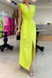 Yellow Casual Solid Slit V Neck Long Dress Dresses