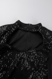 Black Sexy Patchwork Hollowed Out Sequins Half A Turtleneck Skinny Romper