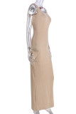 Khaki Street Solid Patchwork Pocket U Neck Long Dress Dresses