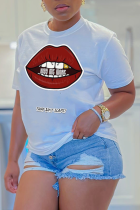 White Street Daily Lips Printed Letter O Neck T-Shirts