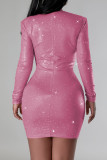 Pink Sexy Patchwork Hot Drilling See-through Half A Turtleneck Wrapped Skirt Dresses