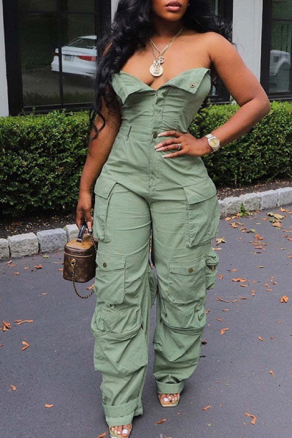 Army Green Street Solid Patchwork Pocket Buttons Strapless Regular Jumpsuits