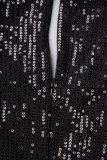 Black Sexy Patchwork Hollowed Out Sequins Half A Turtleneck Skinny Romper