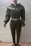 Army Green Casual Solid Patchwork Draw String Pocket Zipper Hooded Collar Long Sleeve Two Pieces