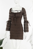 Dark Brown Casual Solid Patchwork Square Collar Long Sleeve Dresses