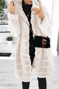 White Casual Solid Cardigan Hooded Collar Outerwear