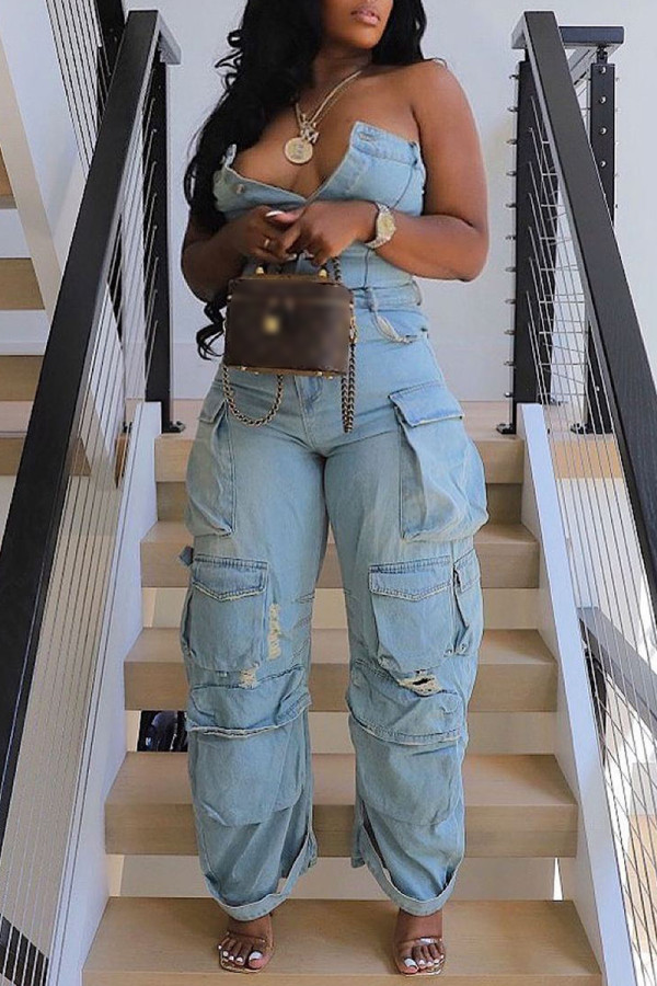 Blue Street Solid Patchwork Pocket Buttons Strapless Regular Jumpsuits