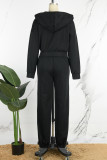 Black Casual Solid Basic Hooded Collar Long Sleeve Two Pieces