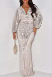 Cream White Elegant Solid Sequins Patchwork V Neck Long Dress Dresses