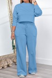 Sky Blue Casual Solid Basic O Neck Long Sleeve Two Pieces