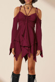 Purple Street Solid Bandage Patchwork Asymmetrical Collar Irregular Dress Dresses