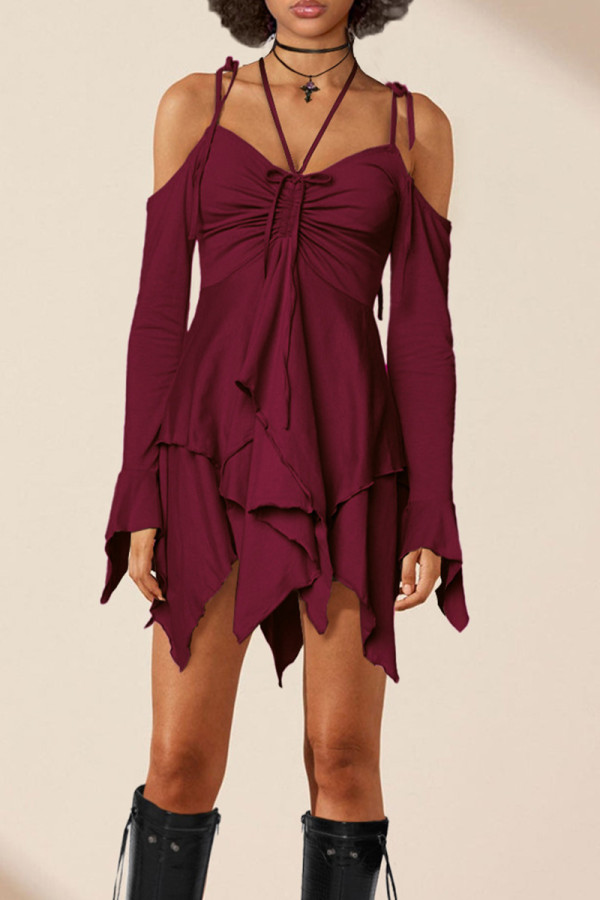Burgundy Street Solid Bandage Patchwork Asymmetrical Collar Irregular Dress Dresses