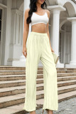 Cream White Sweet Solid Patchwork Draw String Straight Mid Waist Straight Solid Color Bottoms