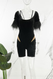 Black Sexy Solid Patchwork See-through O Neck Romper