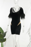Black Sexy Solid Patchwork See-through O Neck Romper