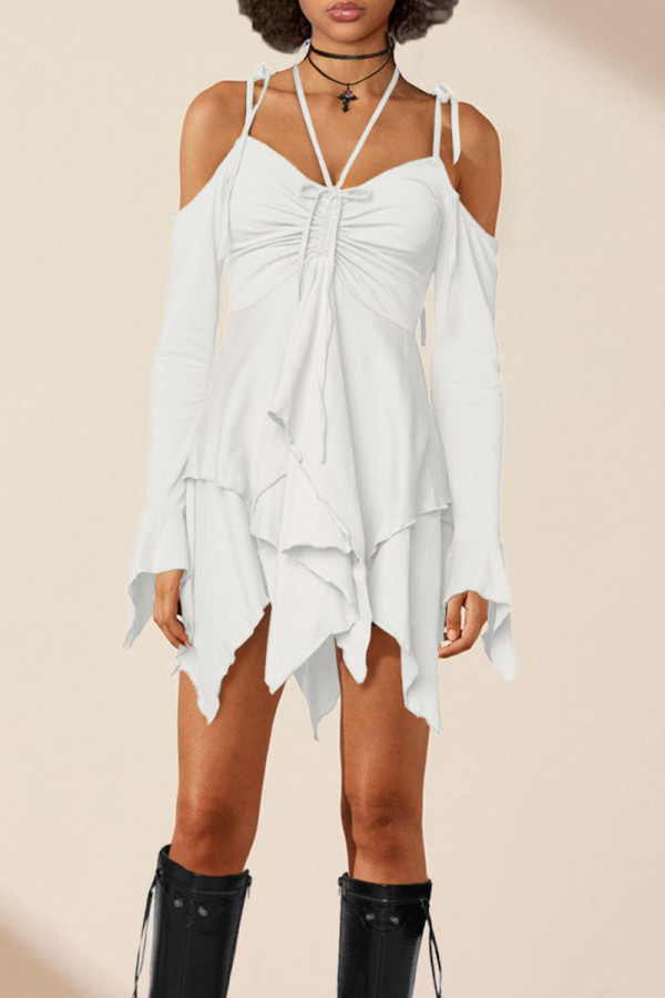 White Street Solid Bandage Patchwork Asymmetrical Collar Irregular Dress Dresses
