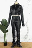 Black Street Solid Patchwork Buttons Slit Zipper O Neck Long Sleeve Two Pieces